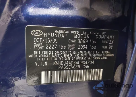 2010 Hyundai Elantra Gls from USA, damaged, VIN KMHDU4AD3AU904204
